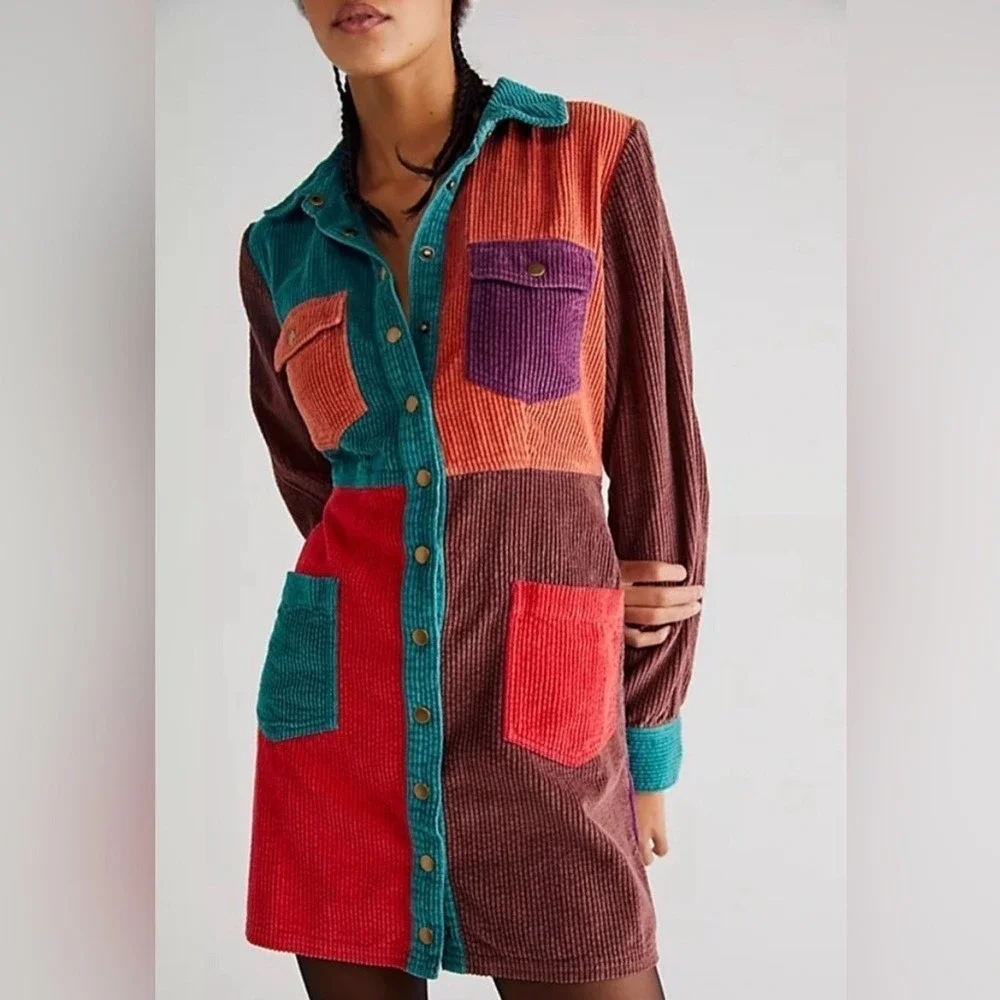 Fate Multicolor Retro Corduroy Long Sleeve Mini Dress Patchwork "Color Me Cord" - Picture 1 of 3